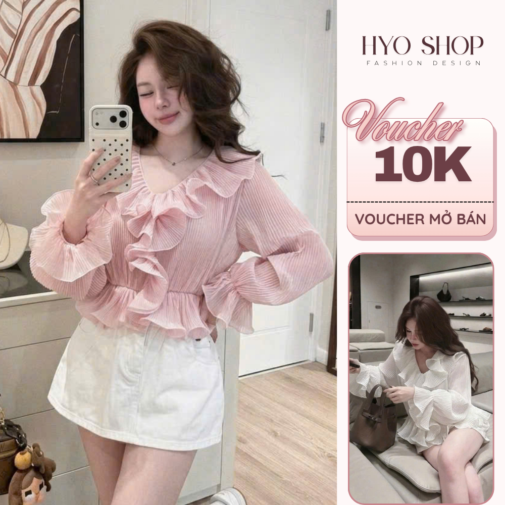 Áo kiểu nữ dập ly bèo nhún tay dài cổ V dáng nữ tính tiểu thư Hàn Quốc - HYO SHOP