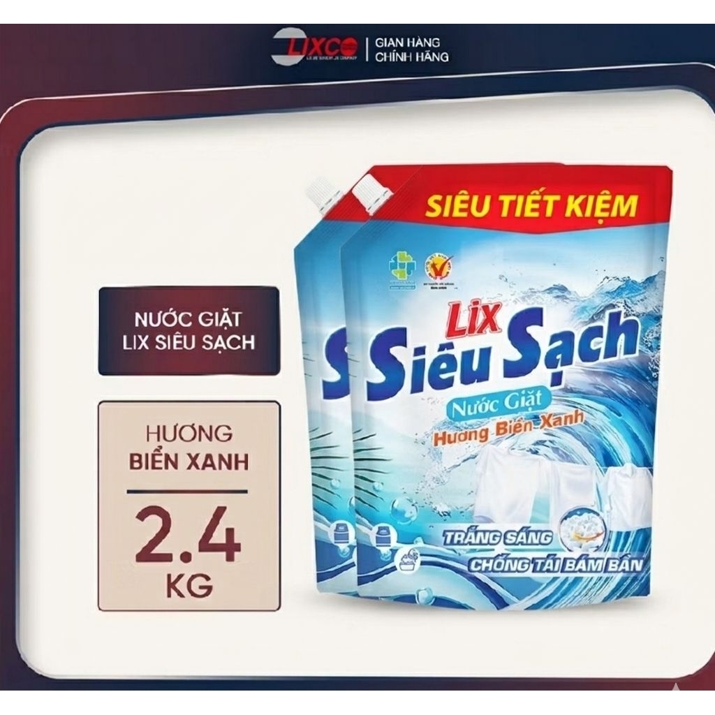 COMBO 2 TÚI NƯỚC GIẶT LIX HƯƠNG BIỂN XANH 2,4KG _ LIXCO VIỆT NAM