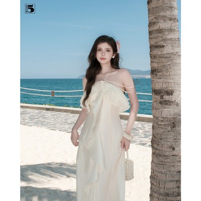 Đầm đi biển nữ Twentyfive dáng dài maxi cổ yếm vải tơ óng 2 lớp DL101