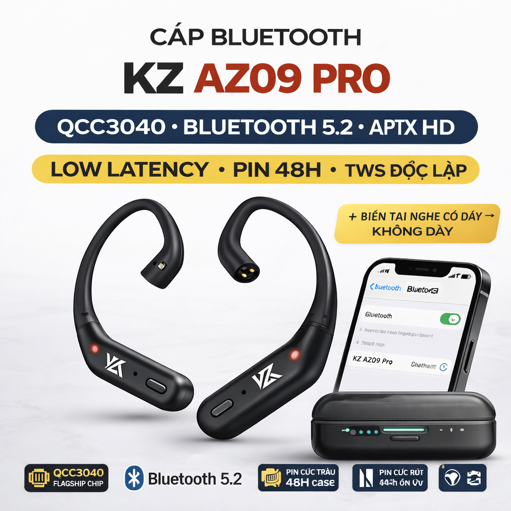 Cáp Bluetooth 5.2 KZ AZ09 Pro TWS không dây cho Tai Nghe KZ QKZ CCA BLON 2 pin 0.78mm