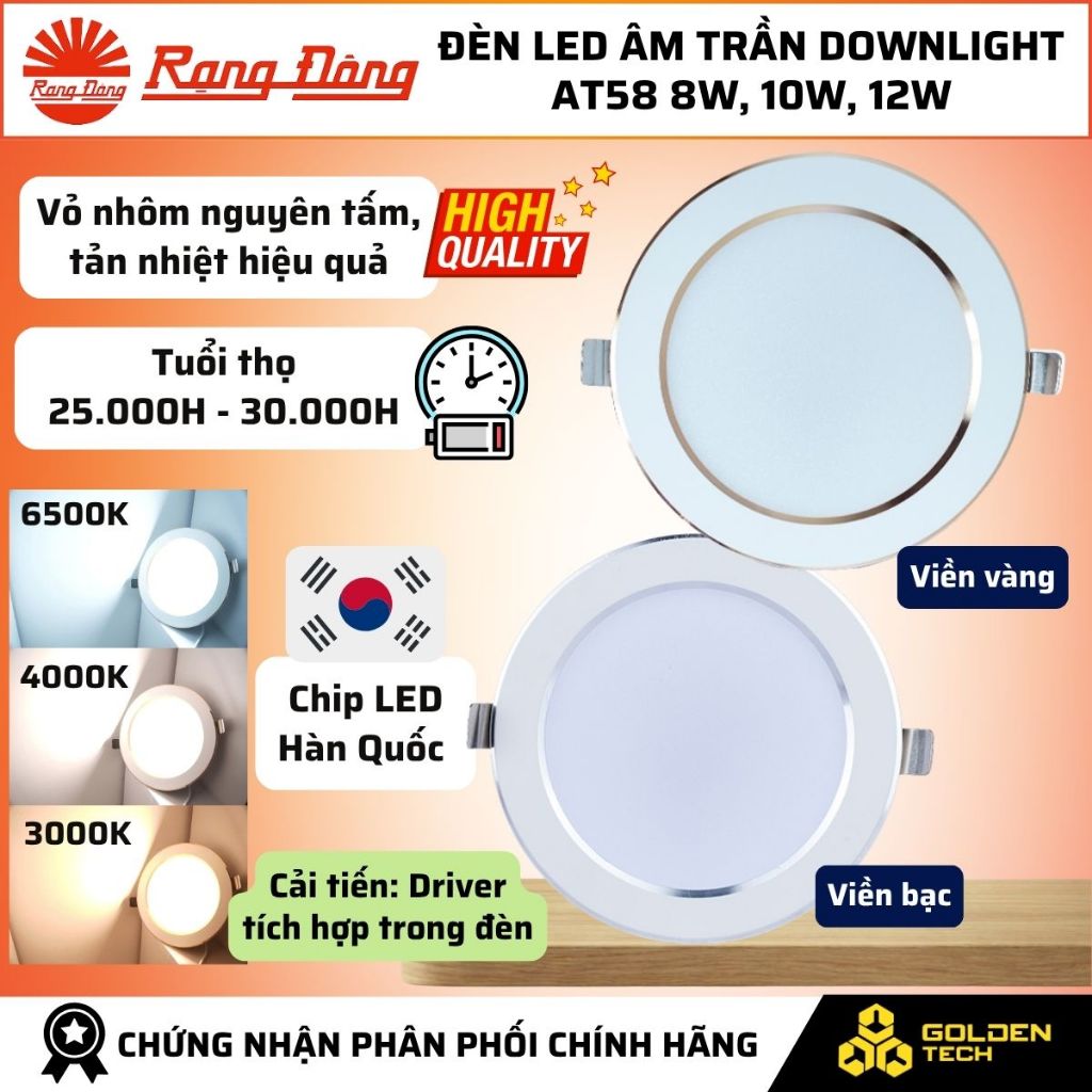 (Rạng Đông) Đèn LED âm trần Downlight 8W, 10W, 12W Viền vàng-bạc Ánh sáng Trắng 6500K, Đổi màu AT58