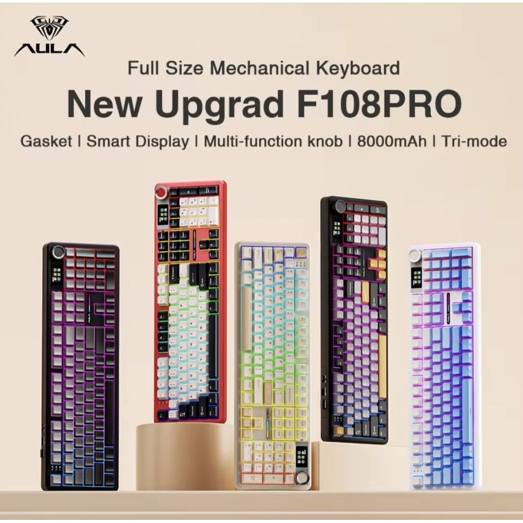 Bàn Phím Cơ AULA F108 Pro – Full Size 108 Phím, Màn Hình LCD, Núm Xoay, 3 Mode, Hotswap