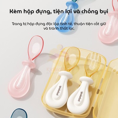 Bộ thìa nĩa cho bé ăn dặm hình thỏi vàng Youkebei đầu thìa làm từ nhựa PPSU cấp bình sữa, cán thìa bằng Silicone