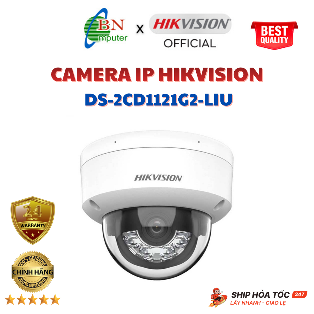 Camera IP HIKVISION dòng POE DS-2CD1121G2-LIU bán cầu 2MP, hỗ trợ loa mic, ống kính hồng ngoại
