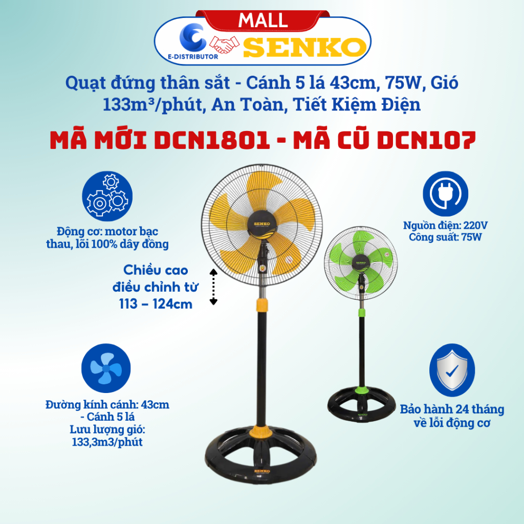 Quạt đứng 4,5 tấc SenkoDCN1801 (Mã cũ DCN1807),Công suất 75W - Hàng Chính Hãng