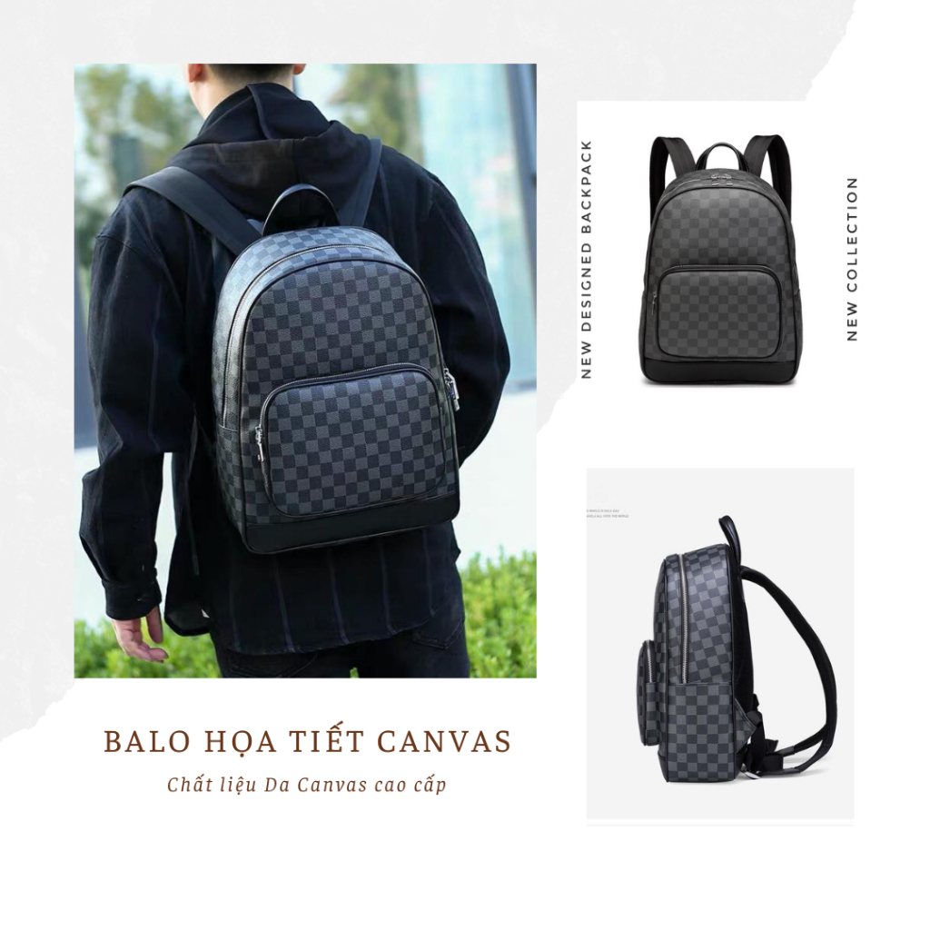 [FULL SET BALO + VÍ] Balo Họa Tiết Caro Xám Đen Da Canvas Cao Cáp - Balo Thời Trang Unisex Form Cứng
