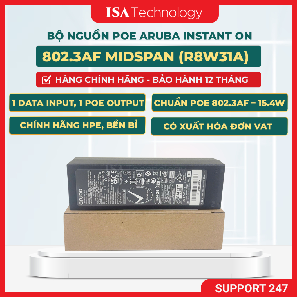 Thiết bị cấp nguồn Aruba Instant On 802.3af POE midspan R8W31A 15.4W không kèm dây nguồn chính hãng
