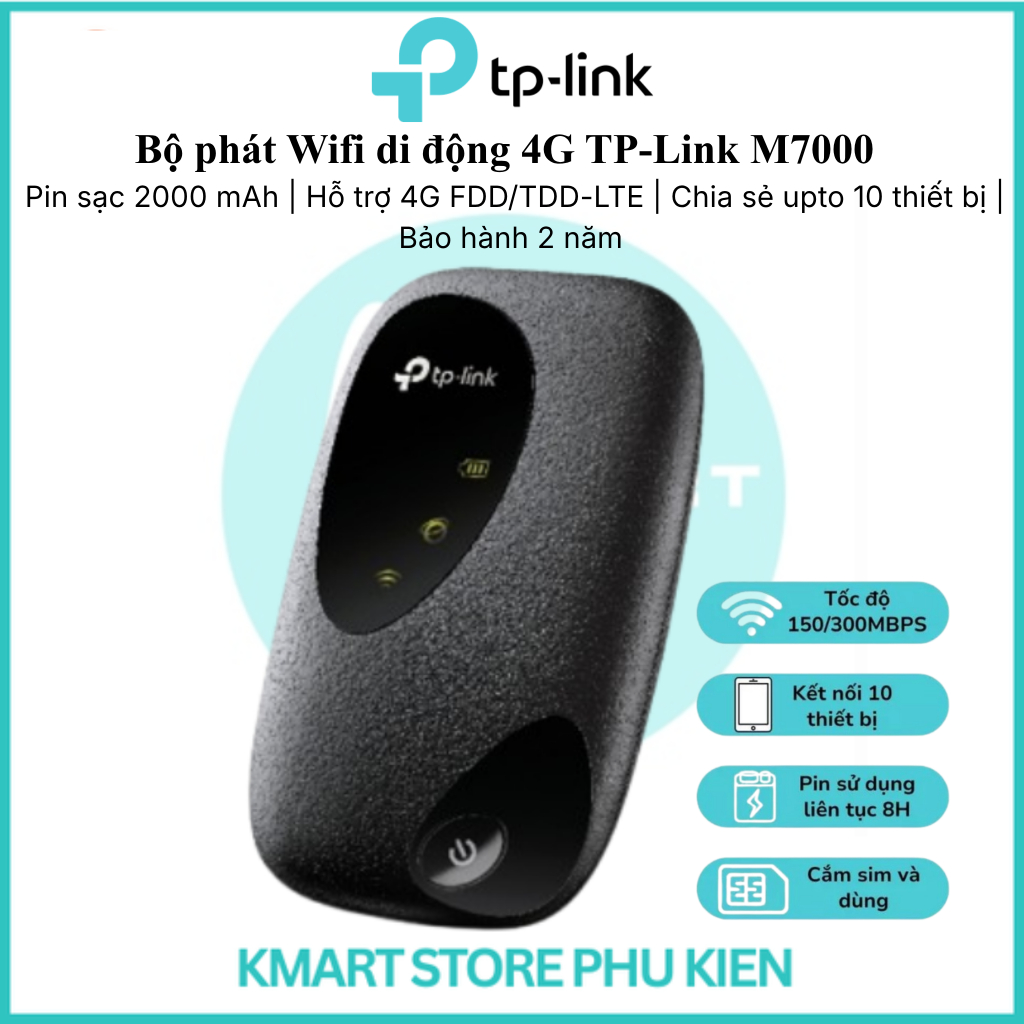 Bộ phát Wifi di động 4G TP-Link M7000 |Pin sạc 2000 mAh |Hỗ trợ 4G FDD/TDD-LTE| Chia sẻ upto 10 thiế