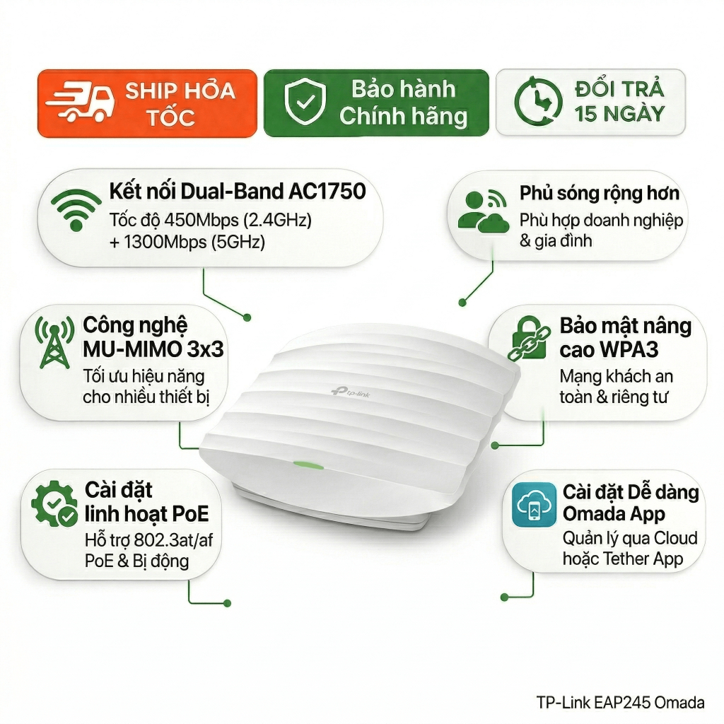 Access Point TP-Link EAP245 AC1750 Omada MU-MIMO Gắn Trần Doanh Nghiệp