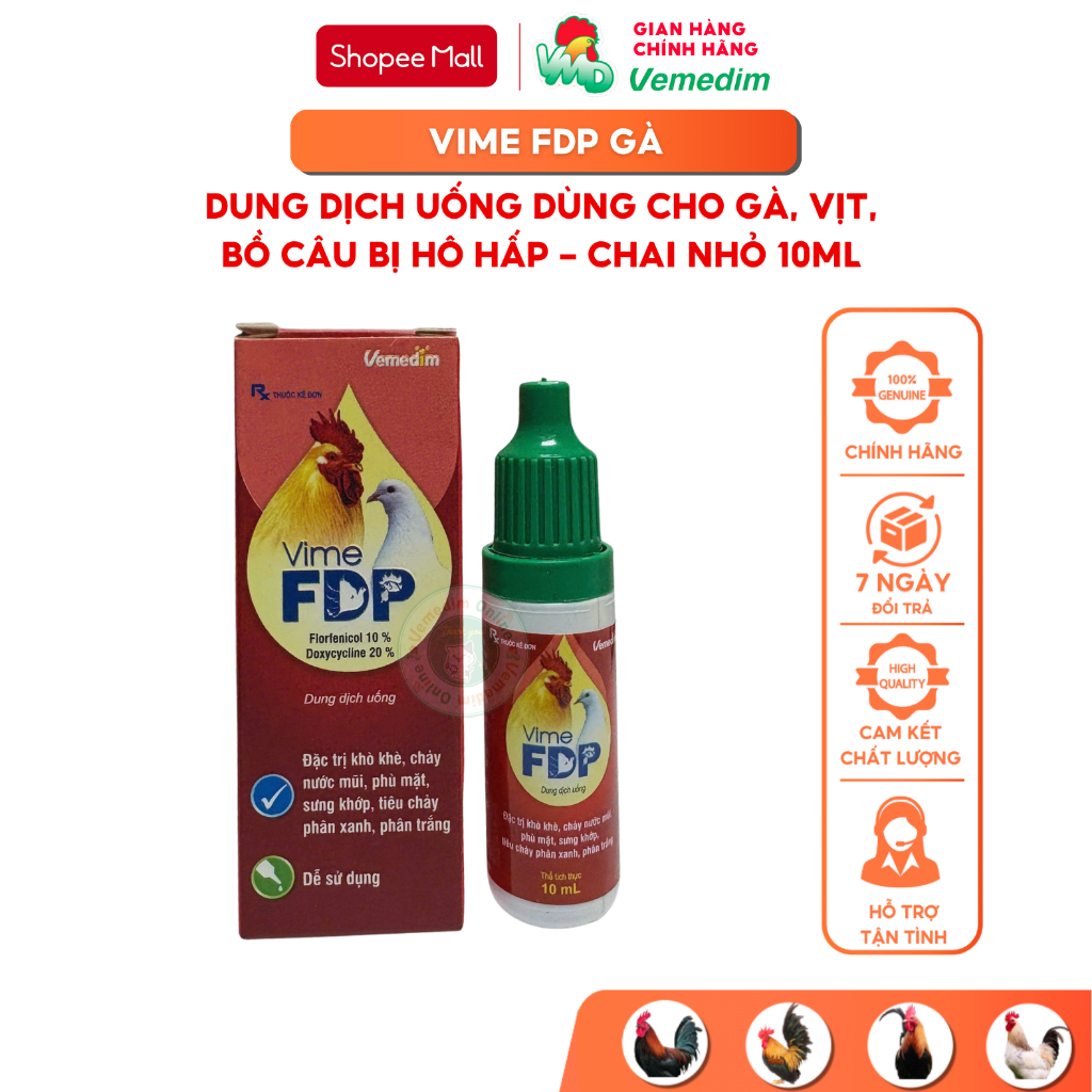 Vemedim Vime FDP (pet) uống dùng cho gà đá, gà vườn, bồ câu, vịt nhà bị hô hấp, sưng khớp, CRD, ORT,