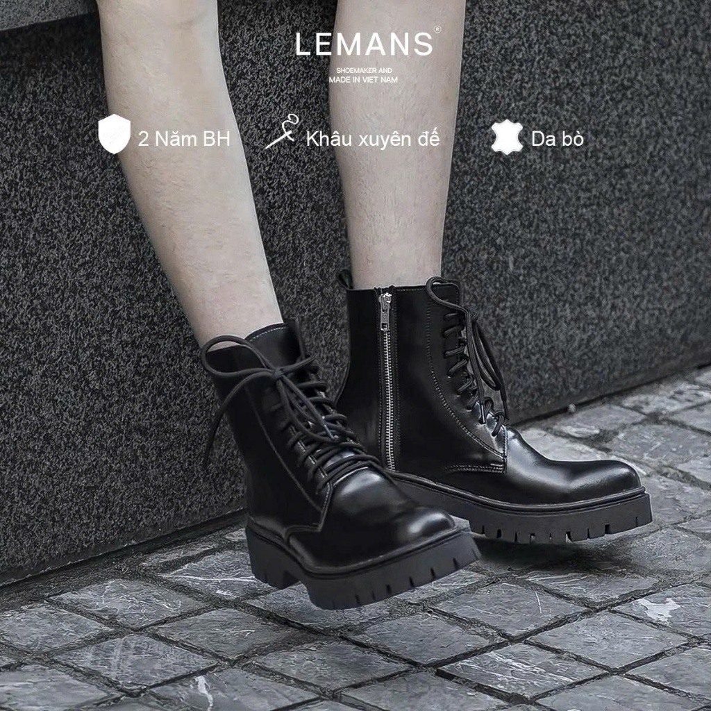 Giày nam Chunky Classic Combat Boots LEMANS - Da bò nguyên tấm - Đế cao 5cm - Bảo hành 24 tháng