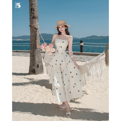 Đầm 2 dây đi biển nữ Twentyfive hoa nhí dáng maxi đan dây eo, tùng váy xếp ly bồng bềnh, nữ tính DL104