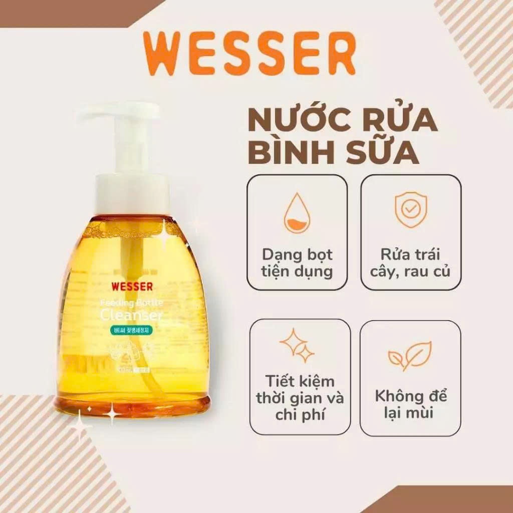 Nước rửa bình sữa Wesser rửa rau củ, dụng cụ đồ chơi cho bé an toàn dạng chai cò vòi tạo bọt tự động 500ml