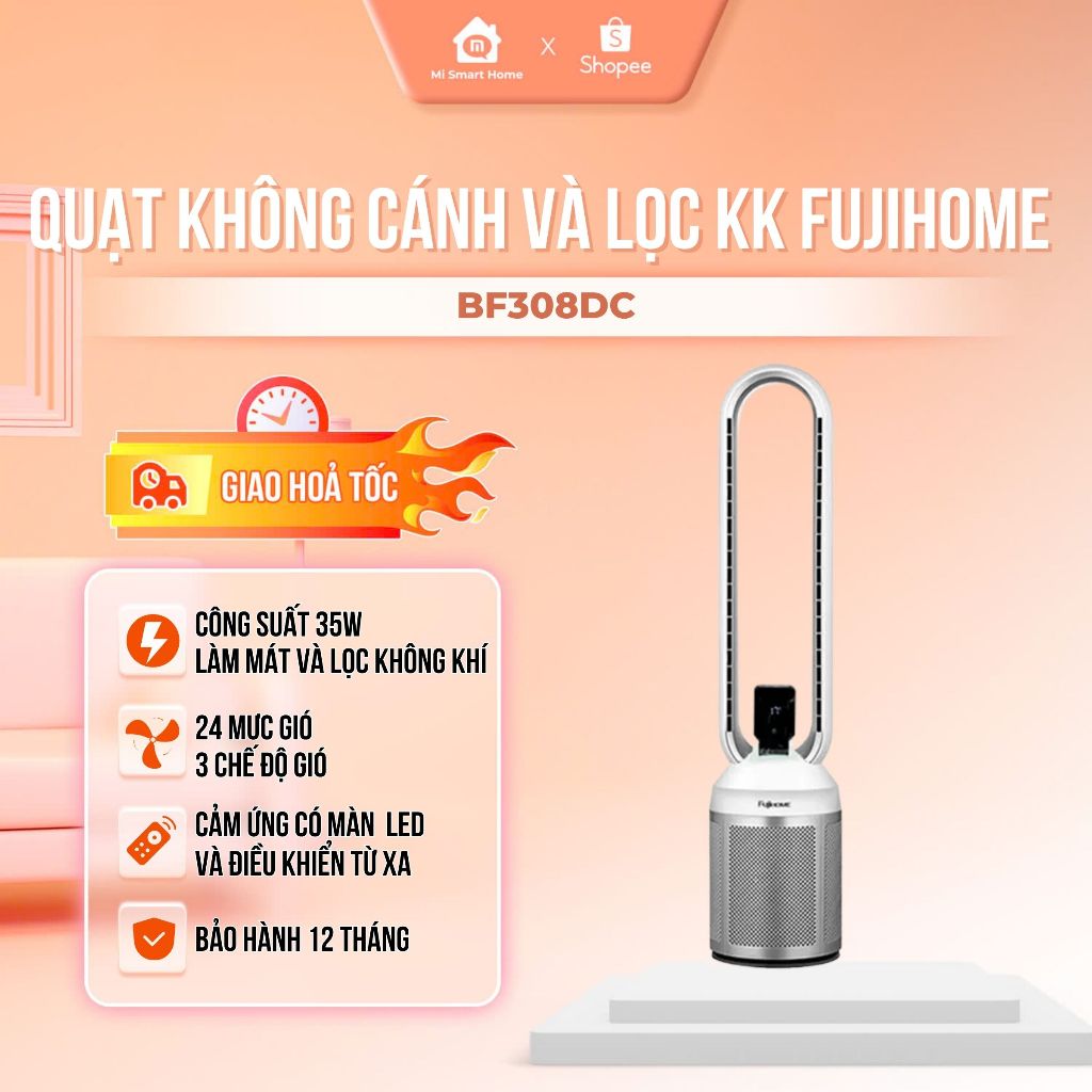 Quạt không cánh FUJIHOME BF308DC tích hợp lọc không khí bằng ion, màng lọc Ion bạc - BH 24 tháng