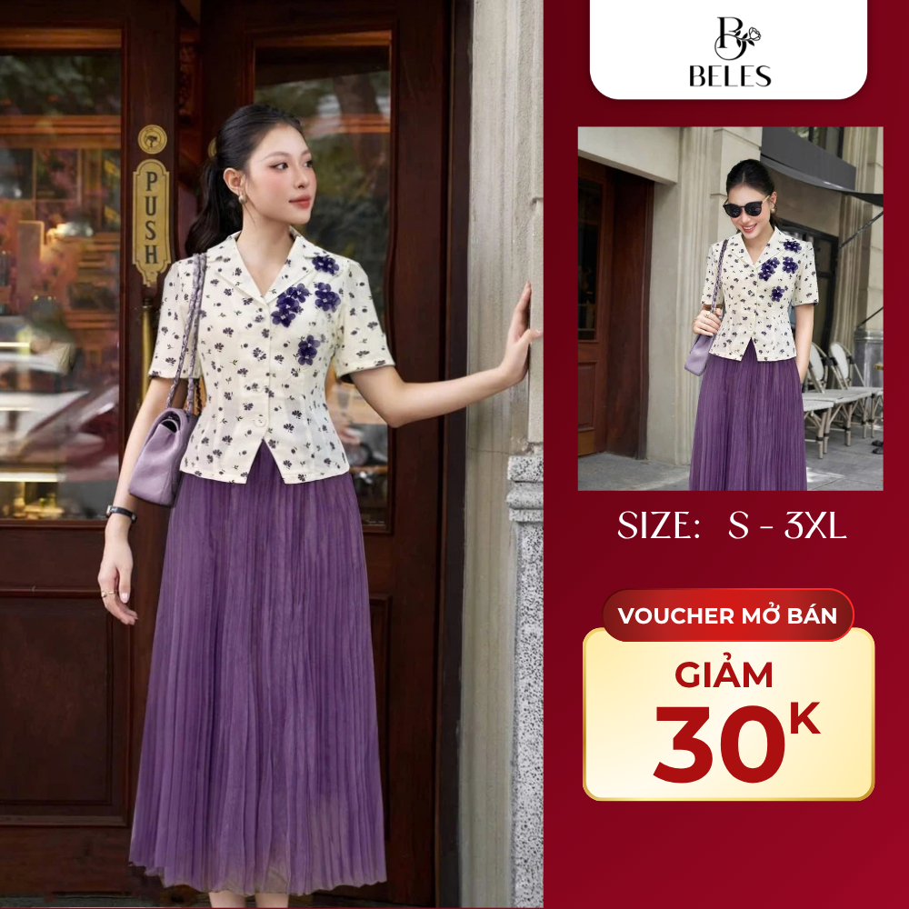 Áo Ký Giả Nữ Linen Hoa Tím Beles Thanh Lịch Trẻ Trung Tôn Dáng Che Khuyết Điểm AKG07-25032