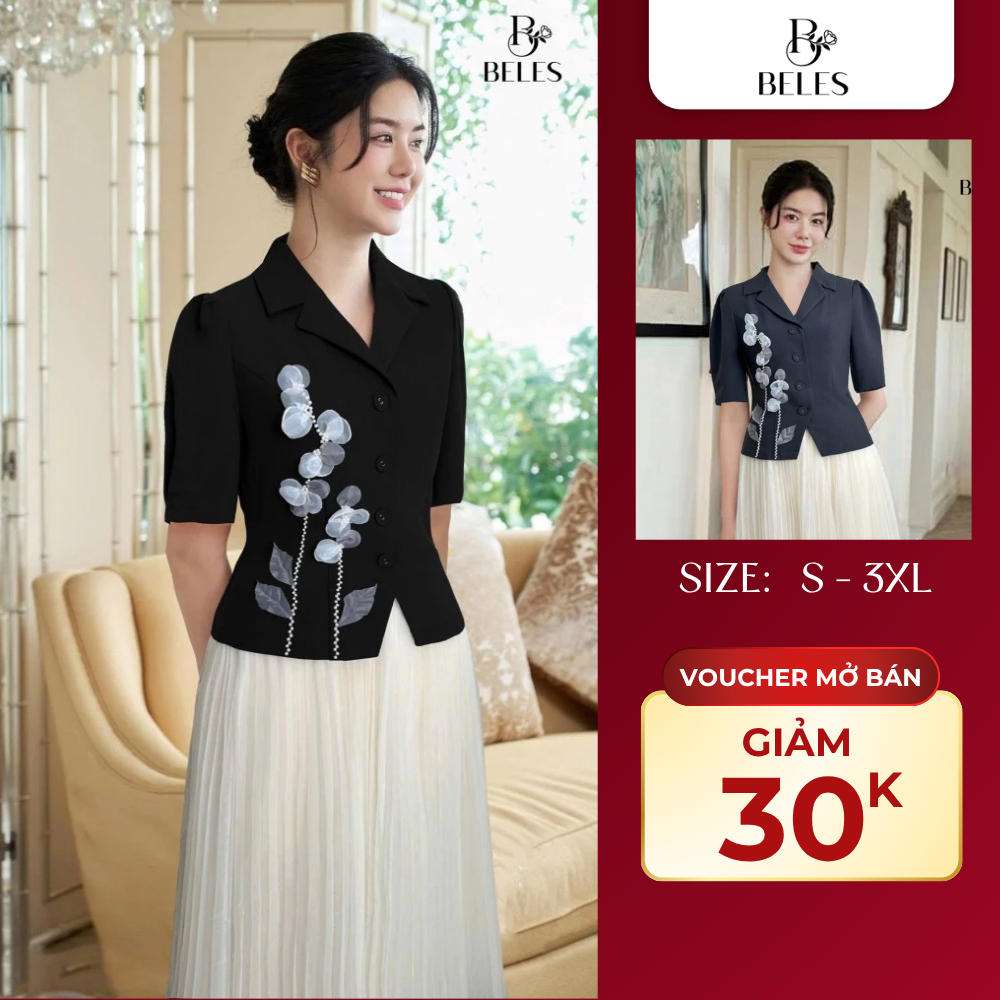 Áo Kiểu Nữ Cổ Vest Đính Hoa Beles Thanh Lịch Sang Trọng Công Sở Tôn Dáng AKG12-25039