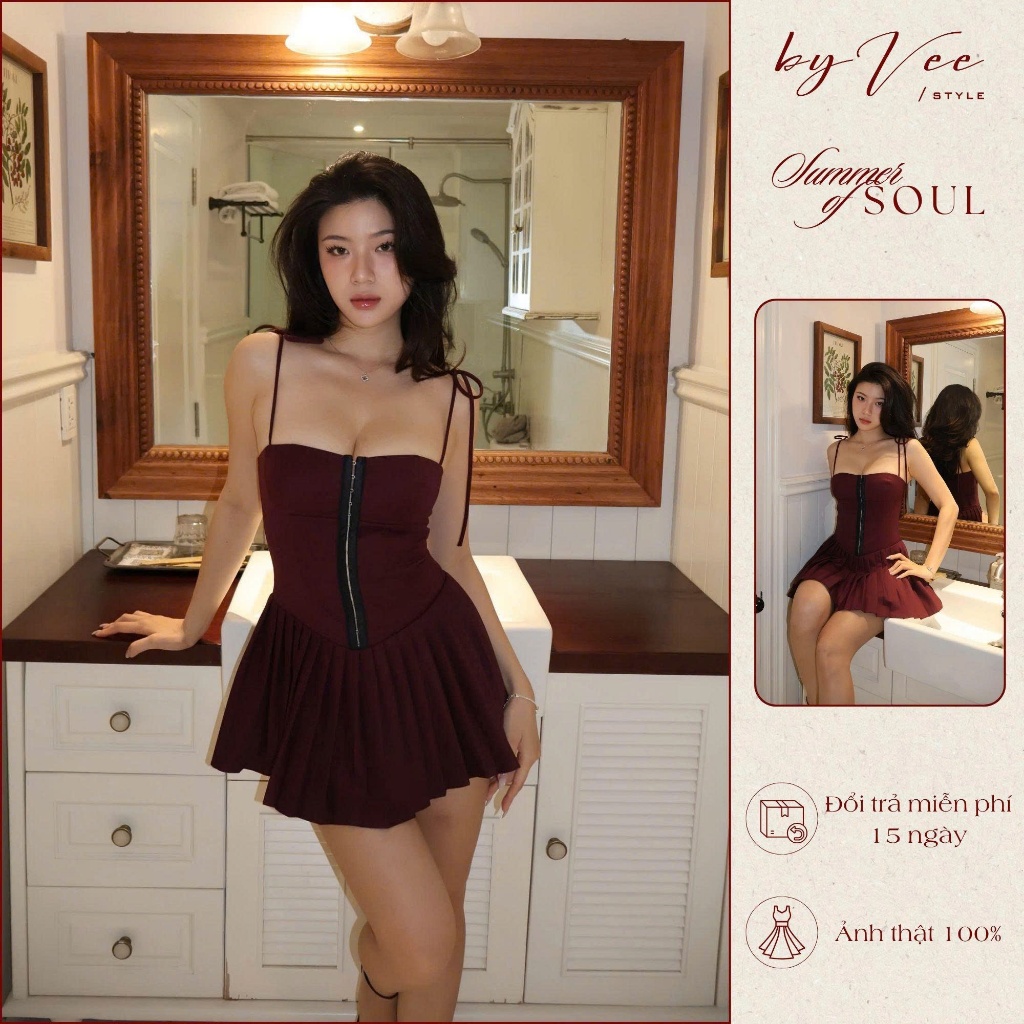 Đầm 2 dây đỏ mận sang chảnh Velia Dress - Byveestyle, Đầm ngắn dáng xòe tôn da