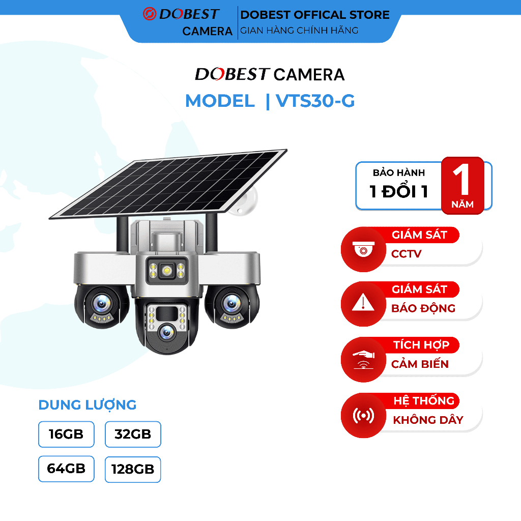 Camera 2MP, DOBEST CAMERA VTS30-G  -  Camera 3 Mắt Năng Lượng Mặt Trời Xoay 360 Độ