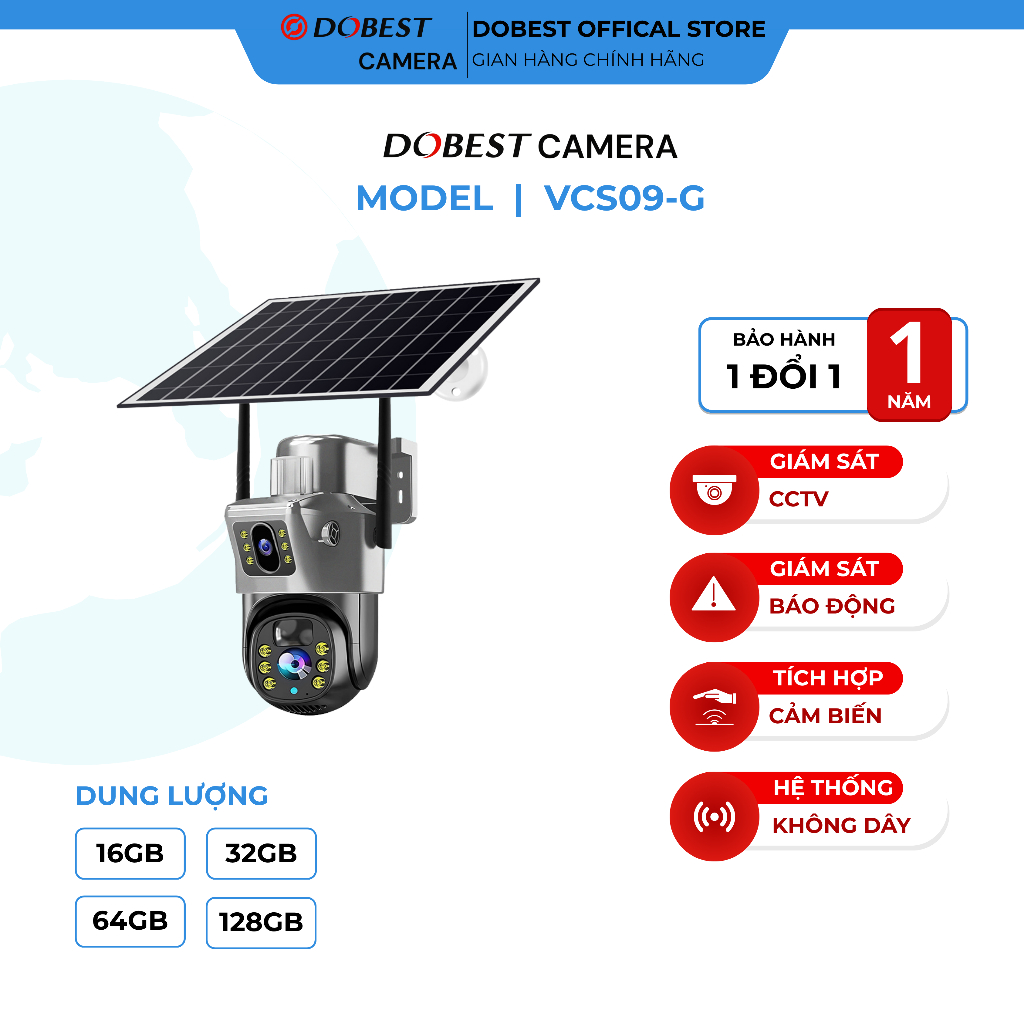 Camera 2MP, DOBEST CAMERA VCS09-G  -  Camera Giám Sát Năng Lượng Mặt Trời Xoay 360 Độ