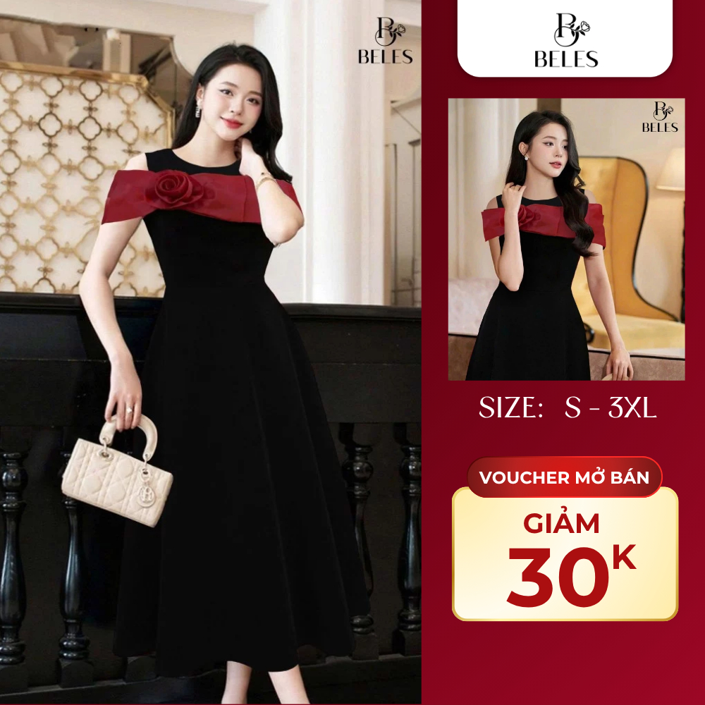 VOUCHER FOLLOW MỞ BÁN 30K - Đầm Tiệc Beles Phối Vai Tơ Đính Hoa Thủ Công Sang Trọng Dáng Xòe Nhẹ Tha