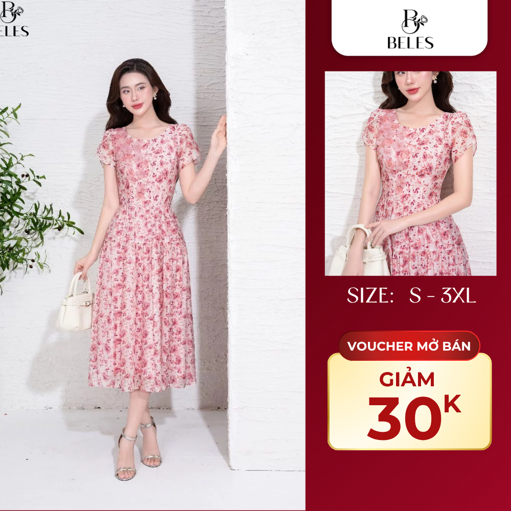 VOUCHER 30K MỞ BÁN - Đầm Xòe 2 Tầng Beles Cổ Tròn Họa Tiết Hoa Đính Nổi Chất Tơ Mềm Cao Cấp Thanh Lị