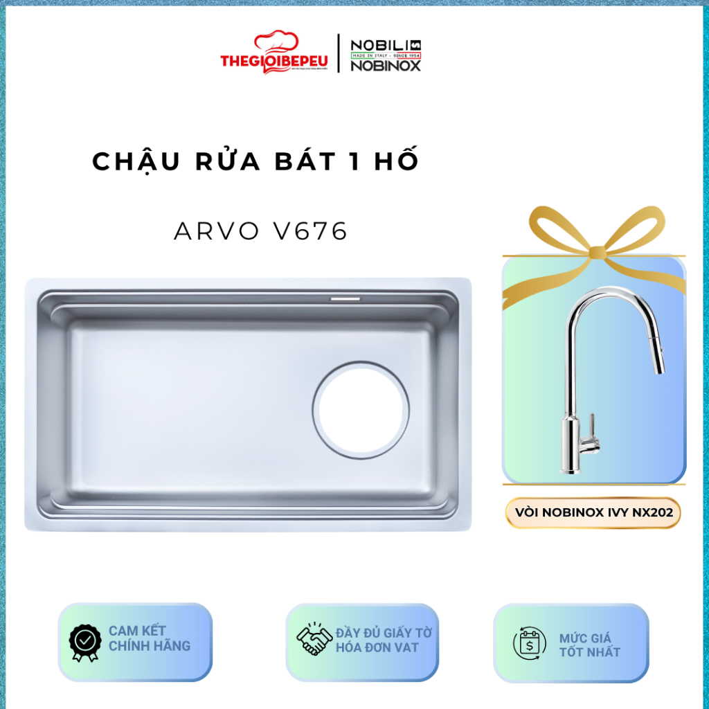 Chậu rửa bát 1 hố Nobinox ARVO V676 Kèm vòi rửa bát Nobinox IVY NX202