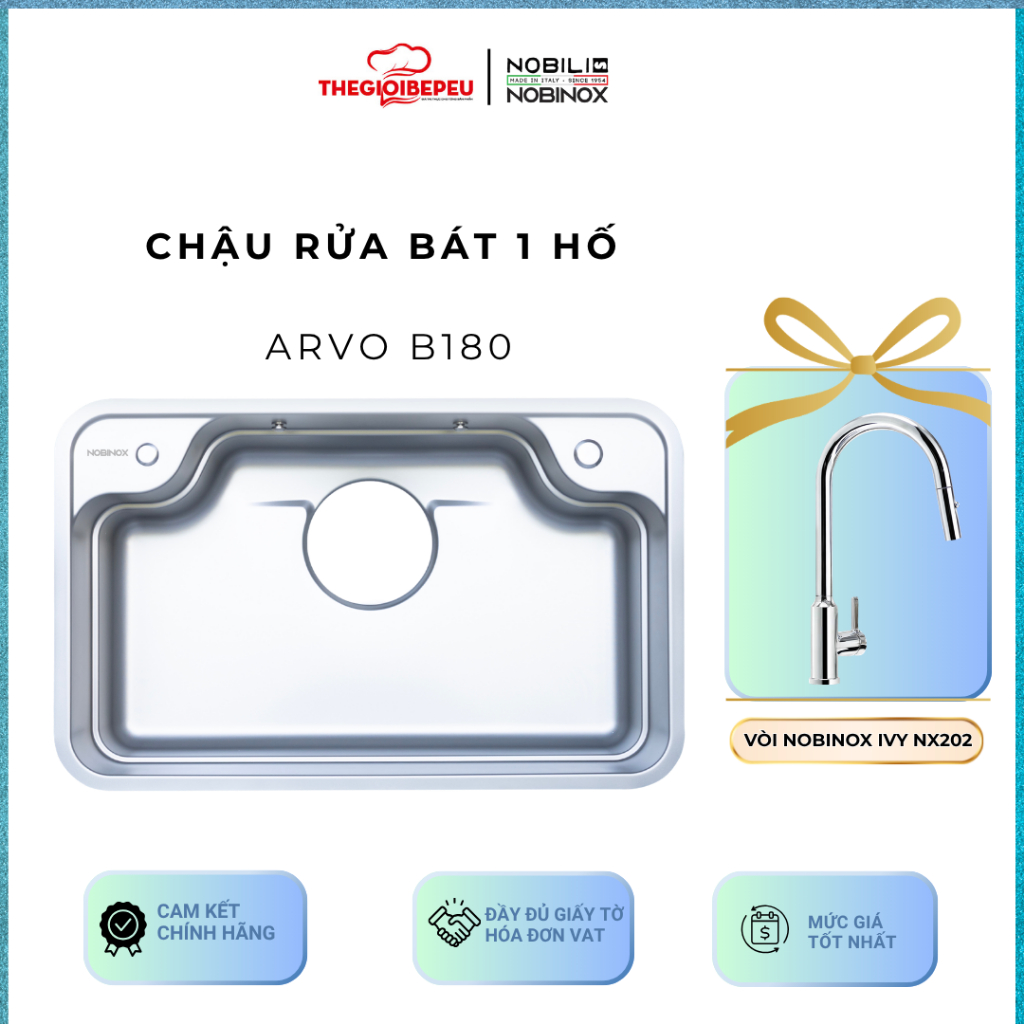 Chậu rửa bát 1 hố NOBINOX ARVO B180 Kèm vòi rửa bát Nobinox IVY NX202
