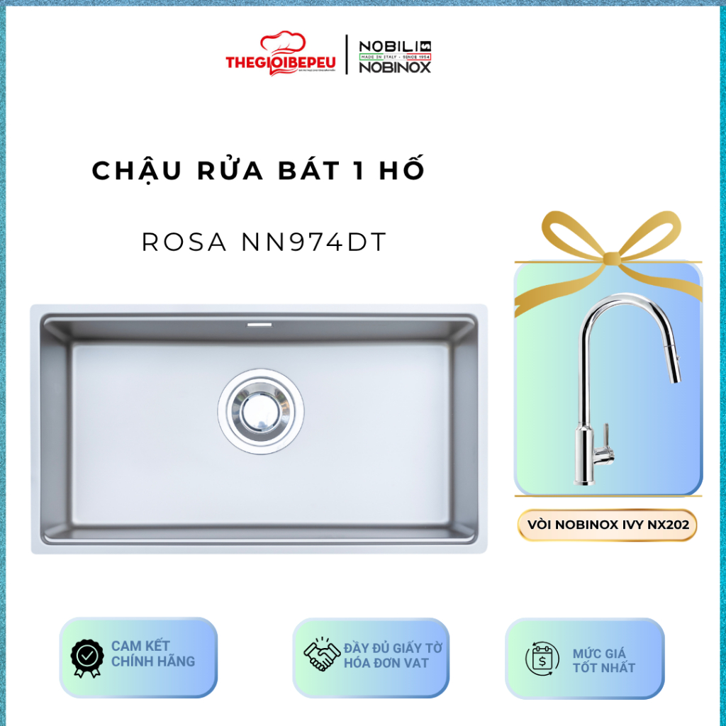 Chậu rửa bát 1 hố Nobinox ROSA NN974DT Kèm vòi rửa bát Nobinox IVY NX202