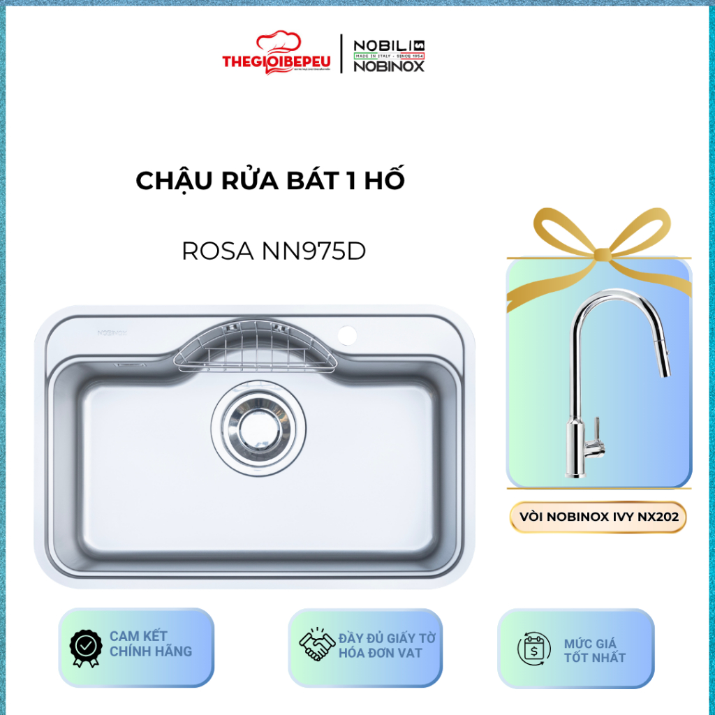 Chậu rửa bát 1 hố Nobinox ROSA NN975D Kèm vòi dây rút Nobinox IVY NX202