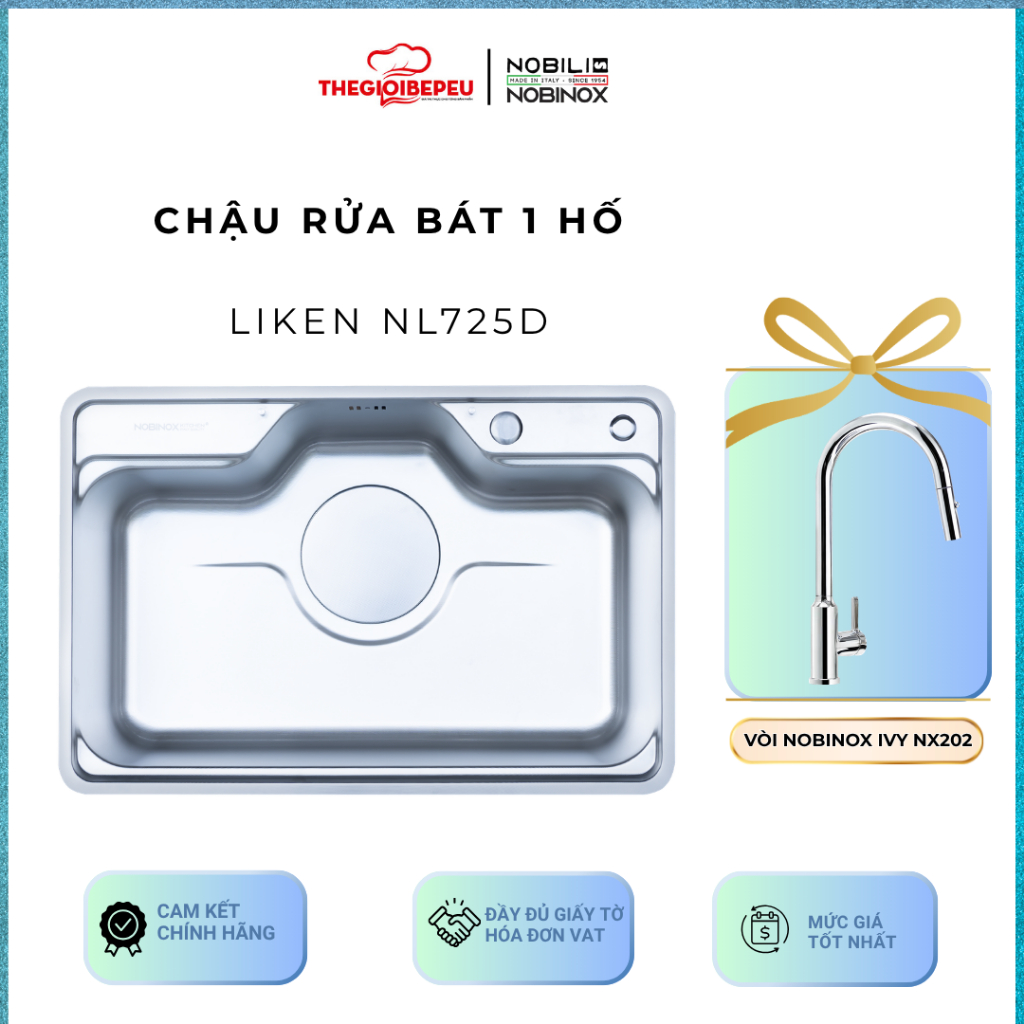 Chậu rửa bát 1 hố NOBINOX LIKEN NL725D Kèm vòi rửa bát Nobinox IVY NX202