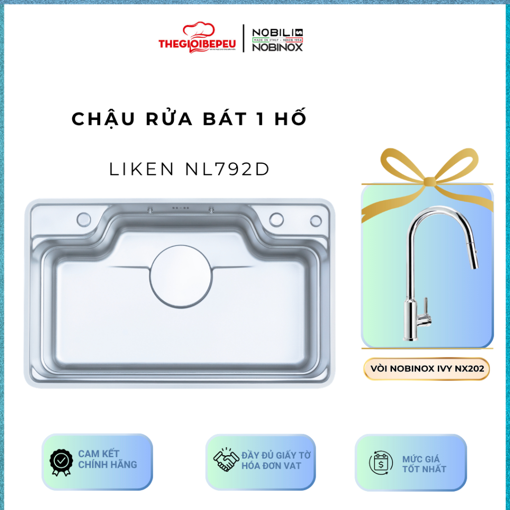 Chậu rửa bát 1 hố Nobinox LIKEN NL792D kèm vòi dây rút Nobinox IVY NX202