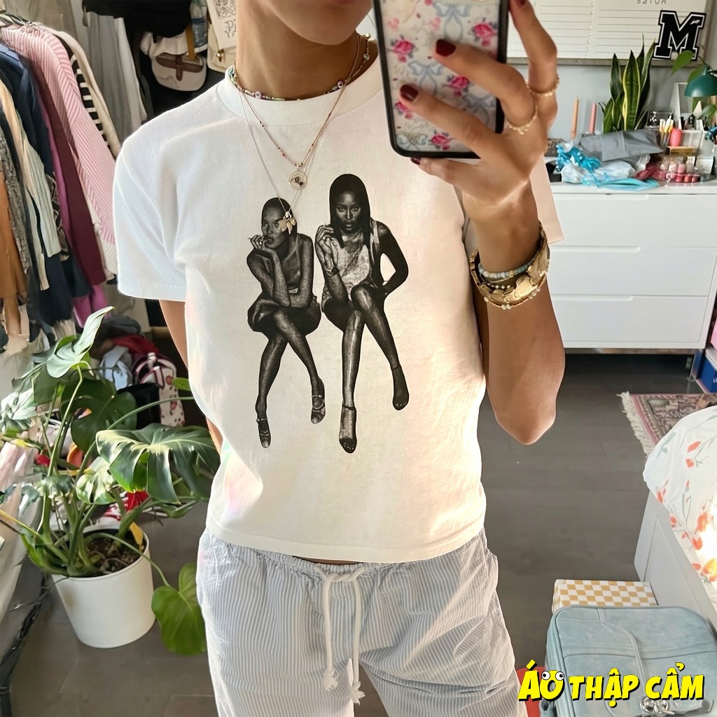 [VẢI LOẠI TỐT] Áo Baby Tee Kate Moss và Naomi Campbell 2 Cô Gái Phong Cách Retro Âu Mỹ Y2K Coquette