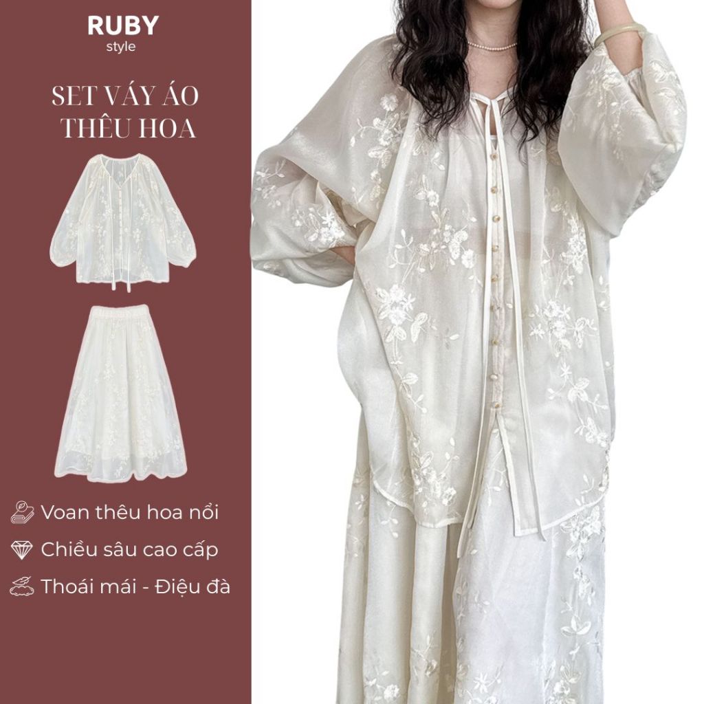 Set váy áo trắng Ruby Style theo hoa nổi phong cách Boho nàng thơ, điệu đà