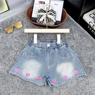 [ 8-45kg ] [ TOT Kids K44 ] Quần Jean Đùi Bé Gái Thêu Tim Hồng Đáng Yêu, Quần Short Bò Bé Gái THÊU TIM HỒNG 2 BÊN GẤU
