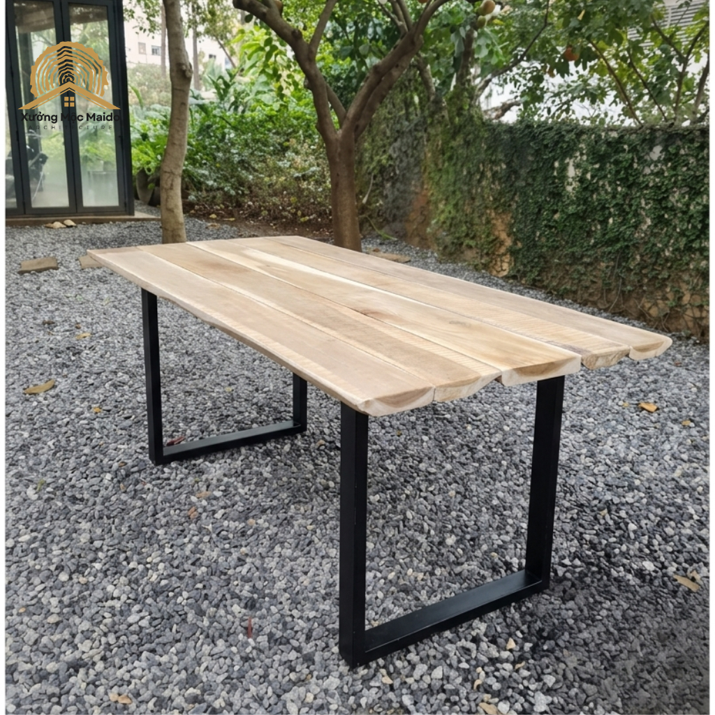 Bàn Gỗ Ghép Thanh Dạng Mộc – Bàn Làm Việc, Bàn Trà, Bàn Cafe Chân Sắt – Xưởng Mộc Maido