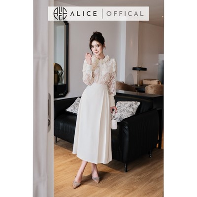 Set Váy Thanh Lịch Alice, Áo Ren Phối Lưới Cổ Bèo, Chân Váy Chéo Rubi Dáng Dài Xếp Ly Sang Chảnh S1069