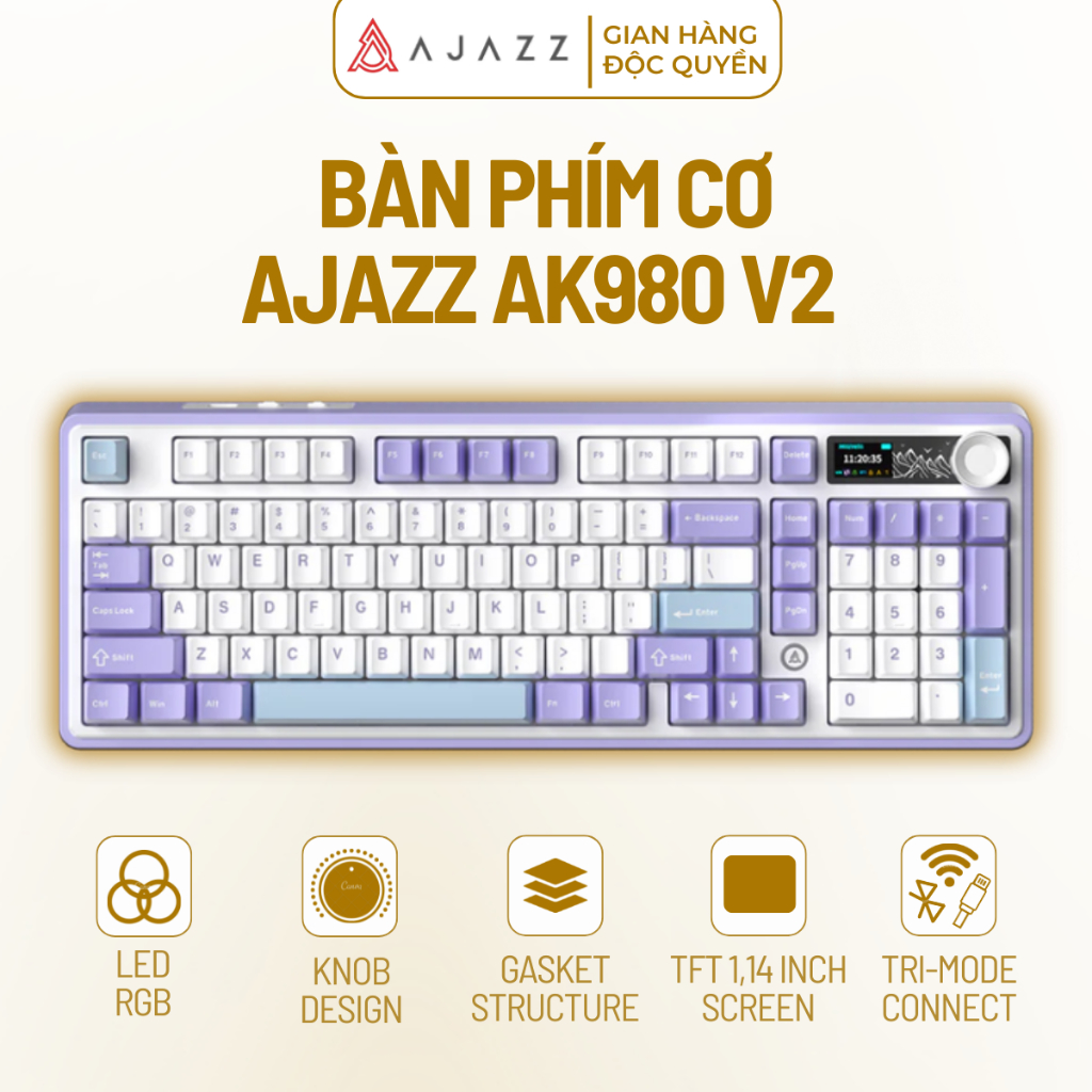 Bàn Phím Cơ AJAZZ AK980 V2 3 Mode Kết Nối Led RGB Gasket Mount Hot Swap App Macro Pin 10000mAh