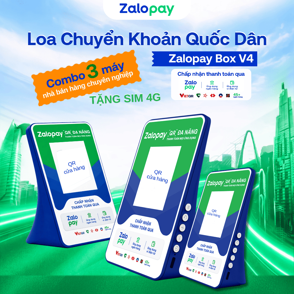 [Chính Hãng] Combo 3 máy - Loa báo tiền Zalopay v4 - Bản ưu việt - Khuyến mãi tặng kèm sim 4G Free D