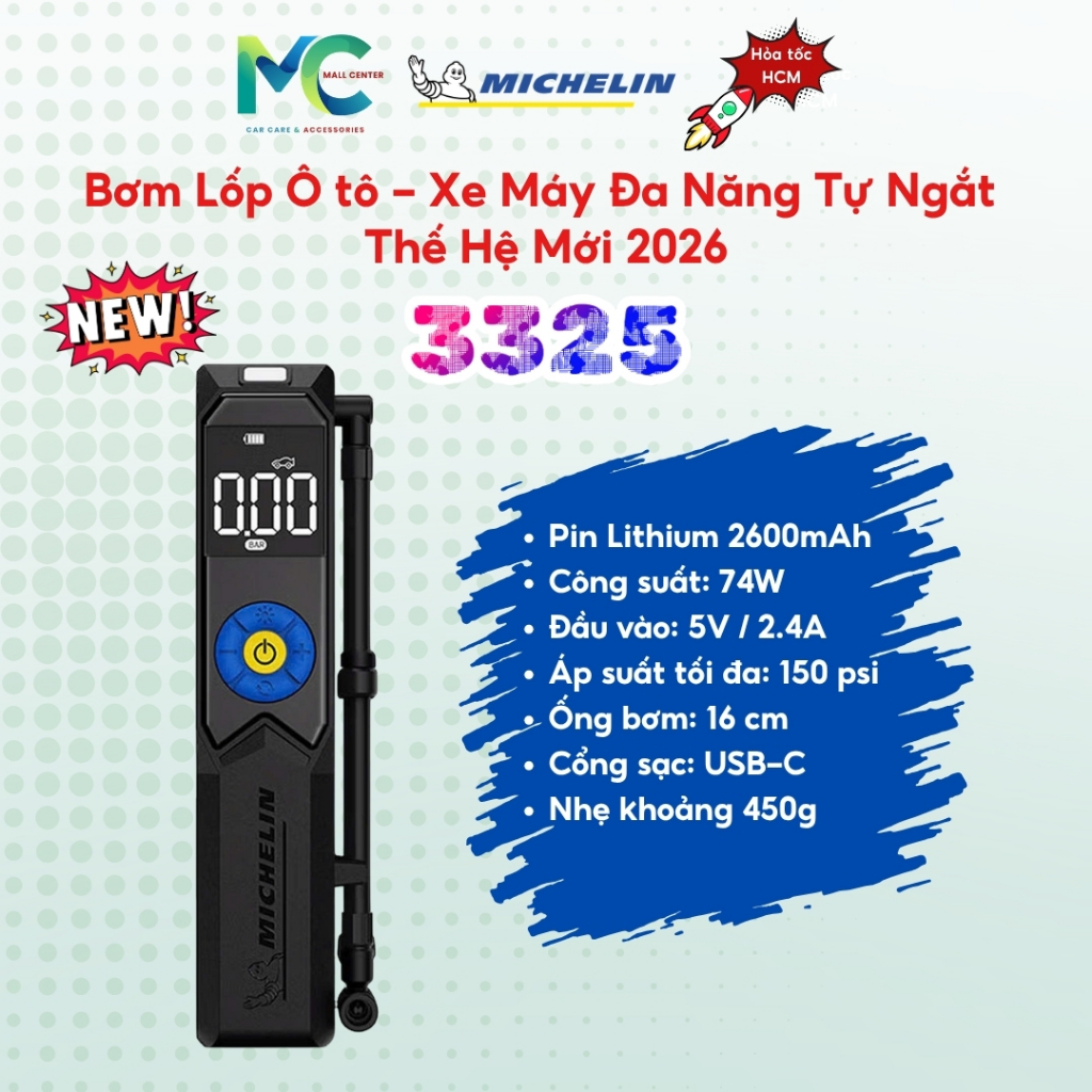 Michelin - Máy Bơm Lốp Ô Tô, Xe Máy MICHELIN 3325 Tự Ngắt Dùng Pin 2600mAh 74W - Chính Hãng