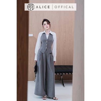 Set Đồ Công Sở Thanh Lịch Alice 3 Chi Tiết, Áo Sơ Mi Cổ Bẻ Bản To Phối Set Gile Chất Xước Thái A1074+S1075
