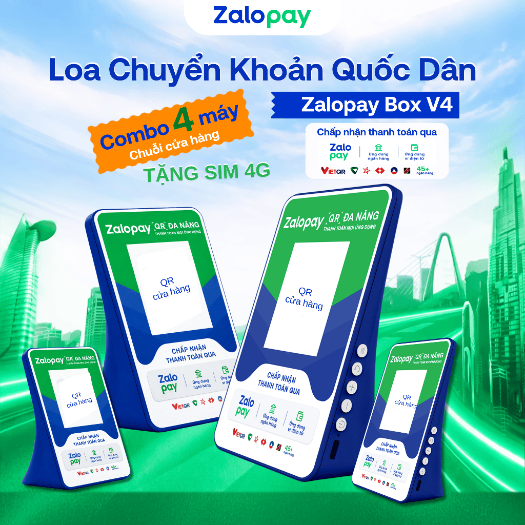 [Chính Hãng] Combo 4 máy - Loa báo tiền Zalopay v4 - Bản ưu việt - Khuyến mãi tặng kèm sim 4G Free D