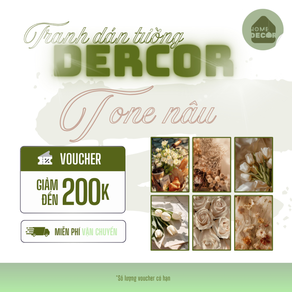 Tranh trang trí chủ đề HOA dán tường Atwork Đèn Decor tone NÂU cute hiện đại trang trí phòng