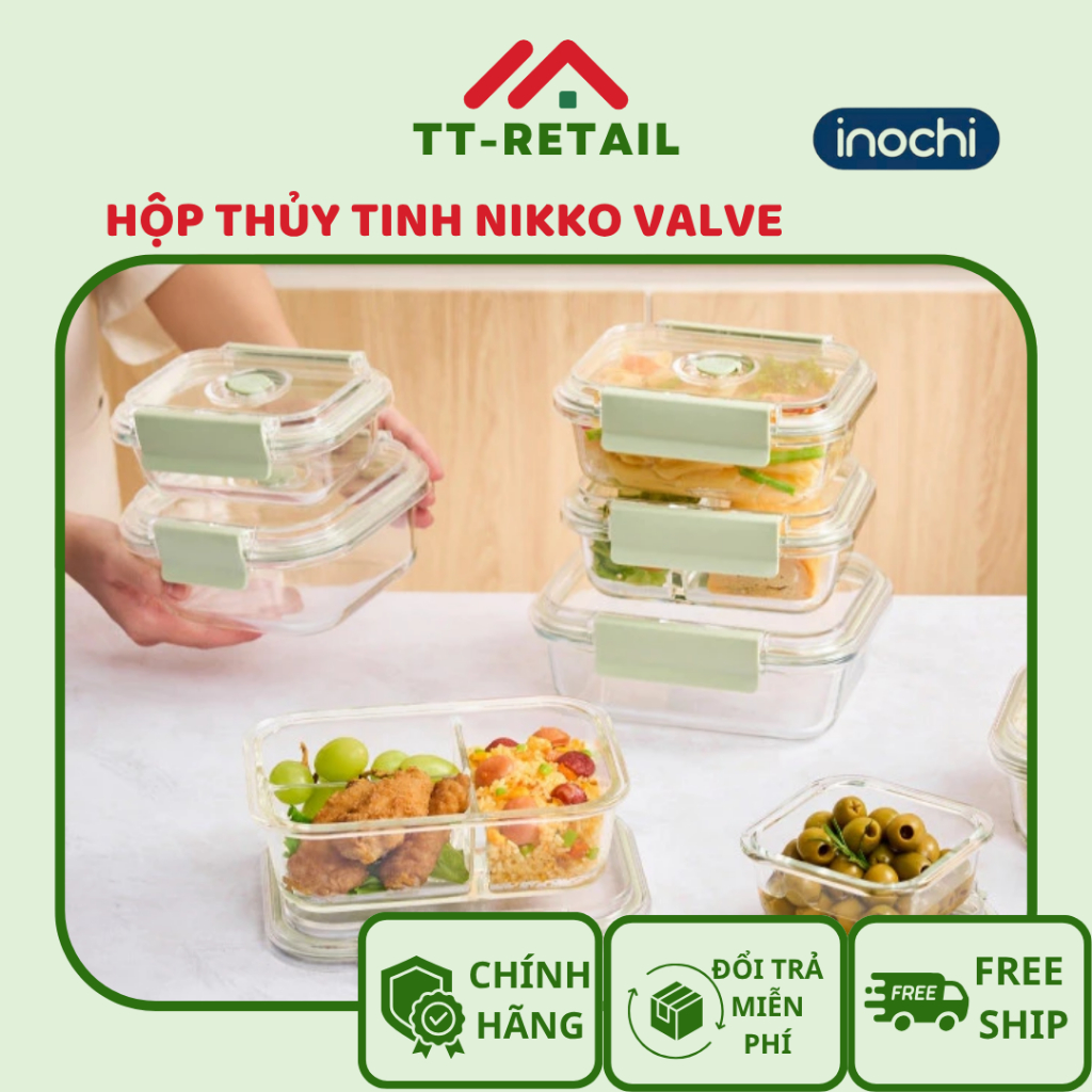 Hộp thủy tinh chịu nhệt Inochi Nikko Valve có lỗ thoát hơi khóa cài 2 chấu