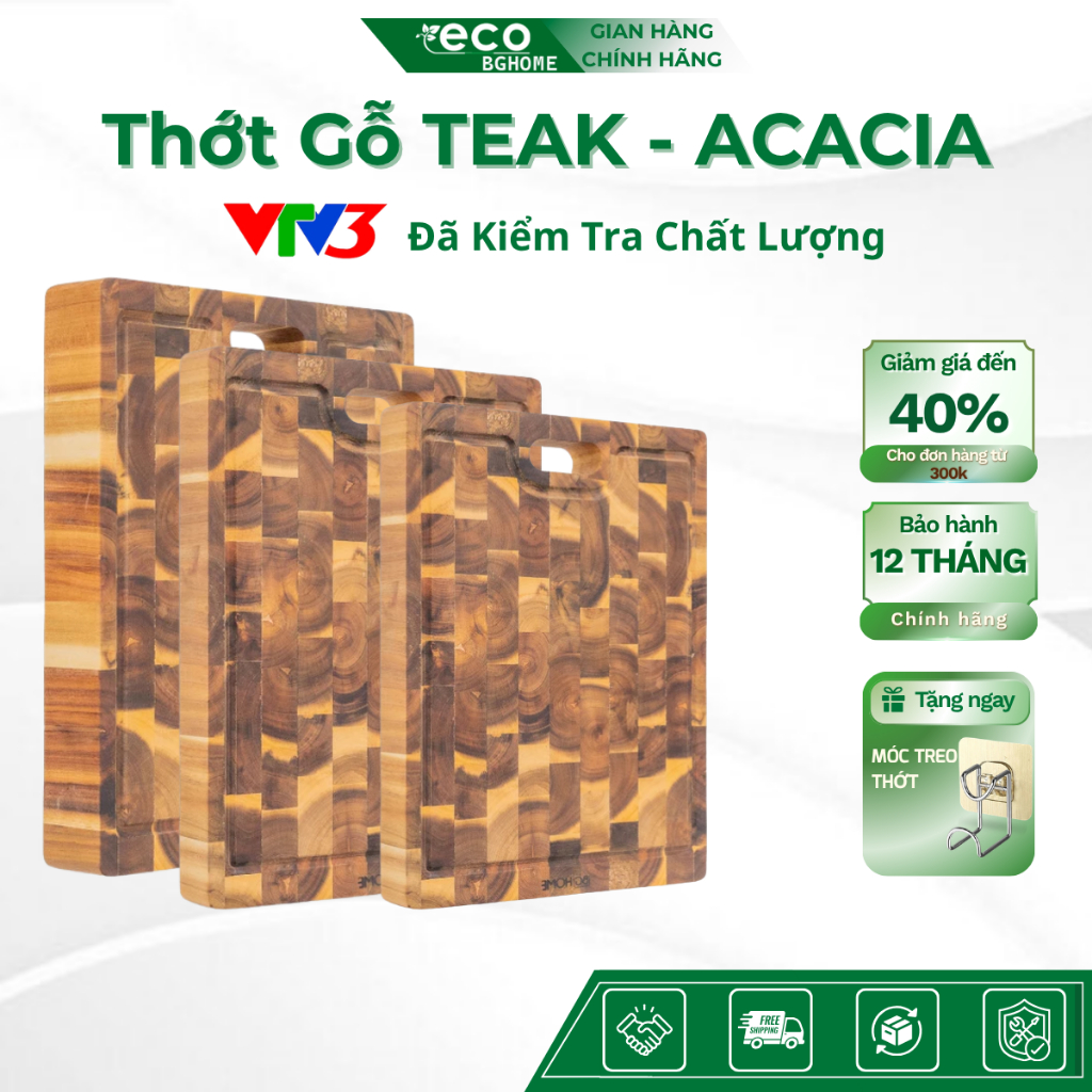 Thớt Gỗ TEAK -  ACACIA Xuất Khẩu, Hạn Chế Mốc, Mùn, Dăm , An Toàn VS Thực Phẩm BGHOME Eco