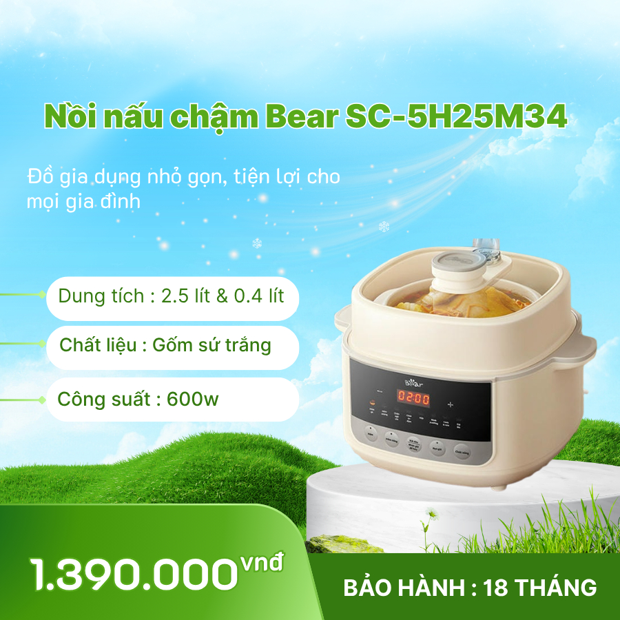 🍲 Nồi nấu chậm Bear 2.5L SC-5H25M34 – Nhuyễn mềm, giữ trọn dưỡng chất