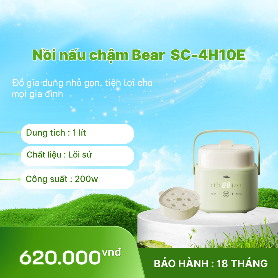 Nồi nấu chậm Bear 1.0L – Model SC-4H10E màu XANH