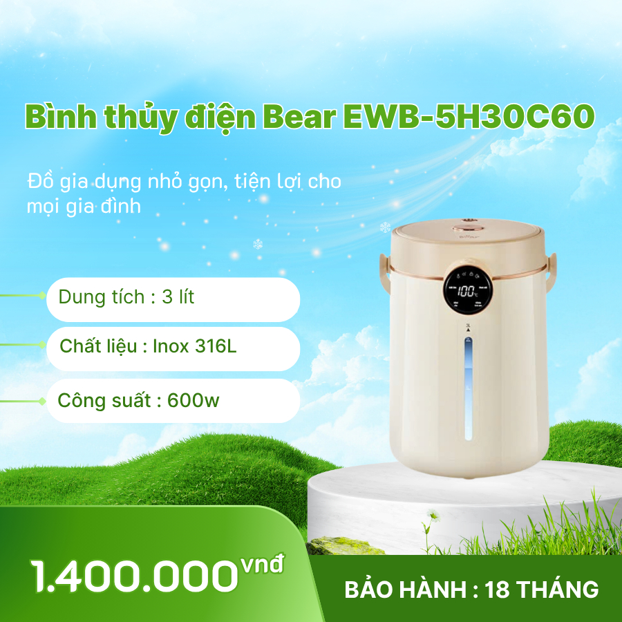 💧 Bình Thủy Điện Bear 3L EWB-5H30C60 ♨️ Inox 304 – Giữ Ấm Thông Minh – Khóa Trẻ Em