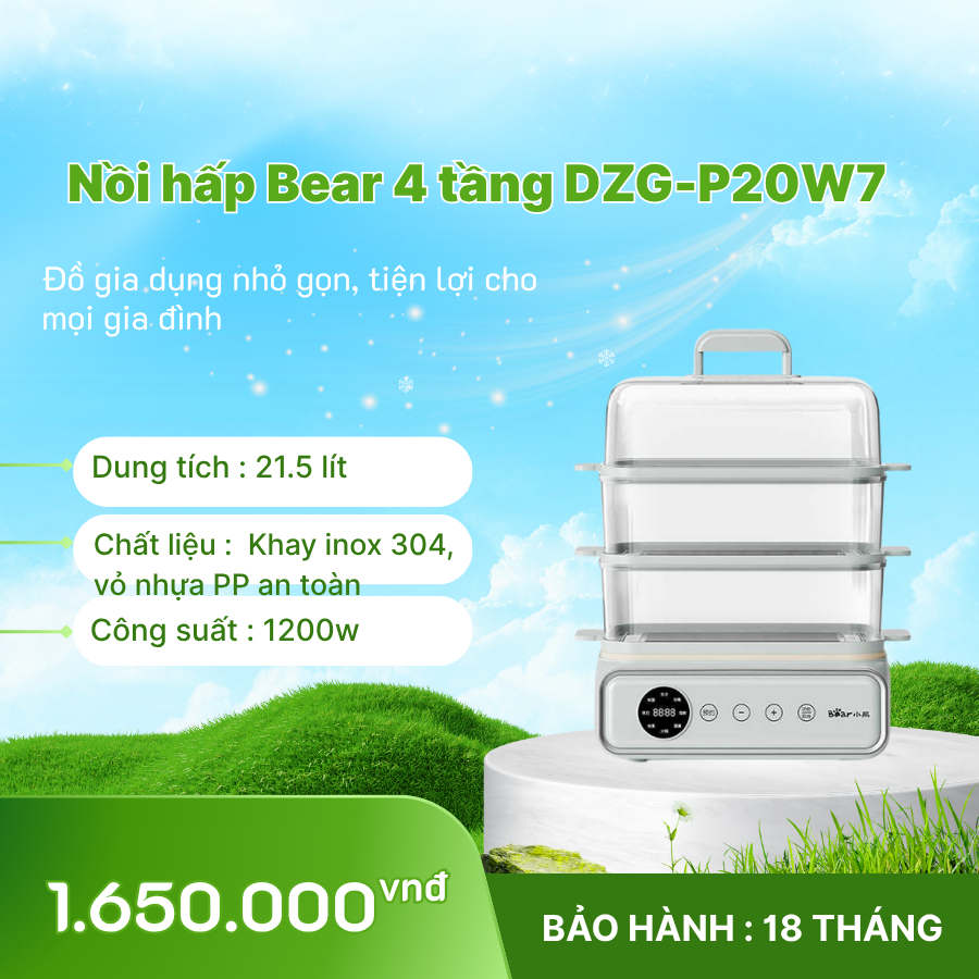 🍲 Nồi hấp Bear 4 tầng 21.5L DZG-P20W7 – Hấp đa năng, giữ trọn dưỡng chất