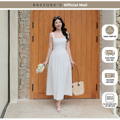 BBSTORE'S Đầm 2 Dây Dạo Phố Cotton Dài Thêu Cổ Vuông Xếp Nhún Ngực Kết Nút Bọc - DAD45T