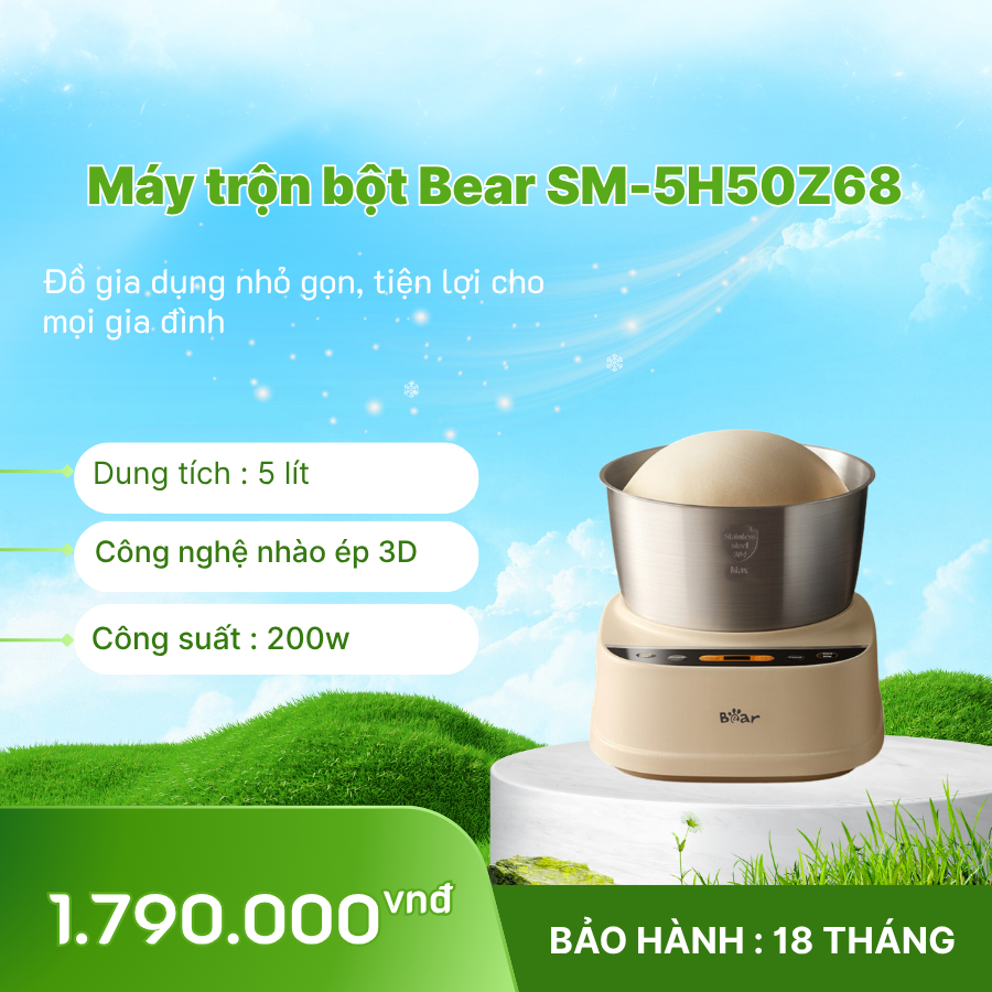 🧁 Máy Trộn Bột Bear 5L SM-5H50Z68 (Bản Quốc Tế) – Nhồi 3D & Ủ Bột Tự Động
